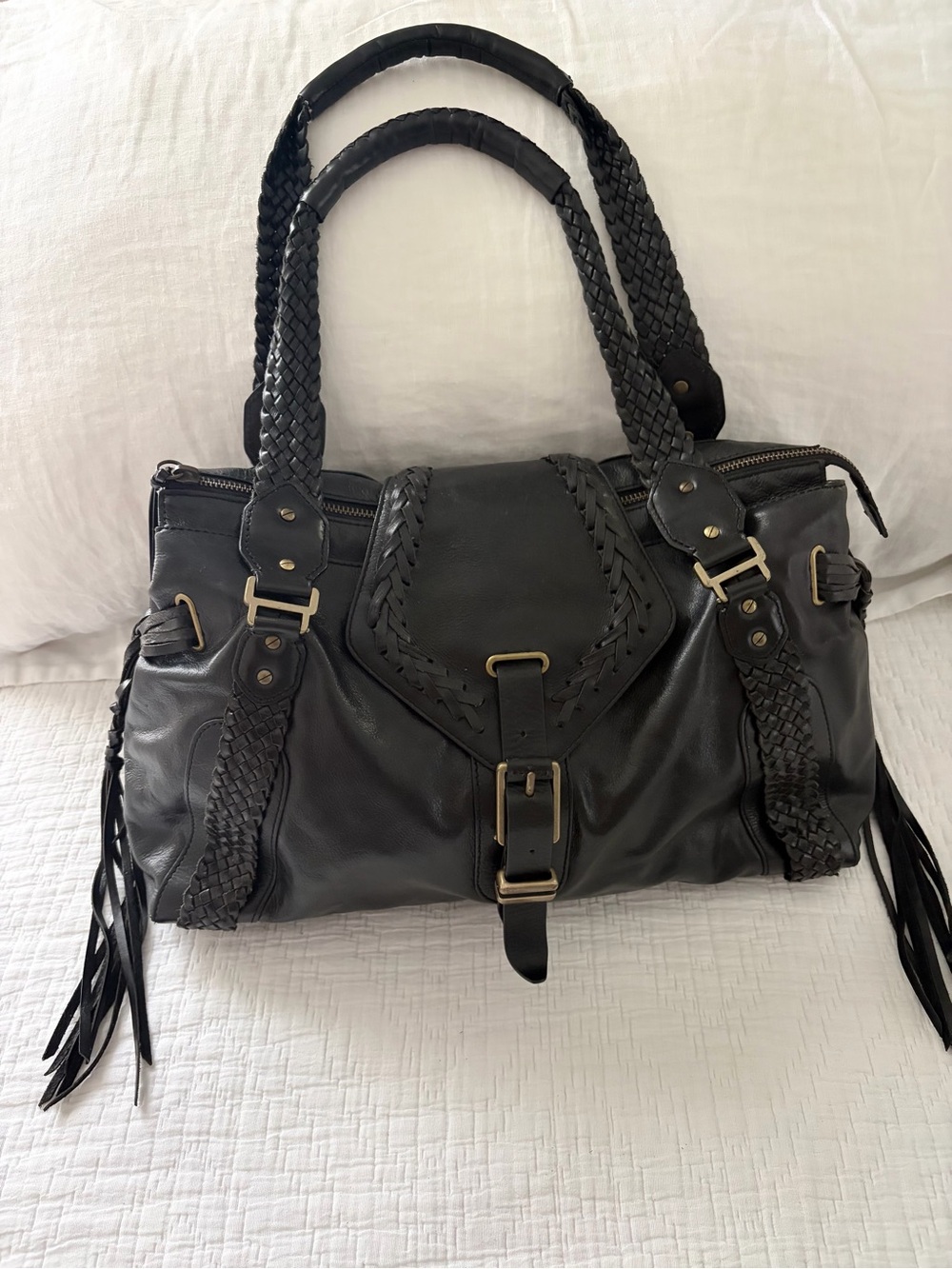 Cole Haan Black Braided Leather Tote Handbag “Sierra Spug”
